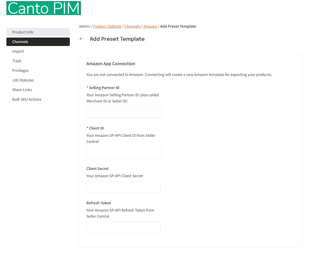 Amazon Configuration Settings fields in Product Hub