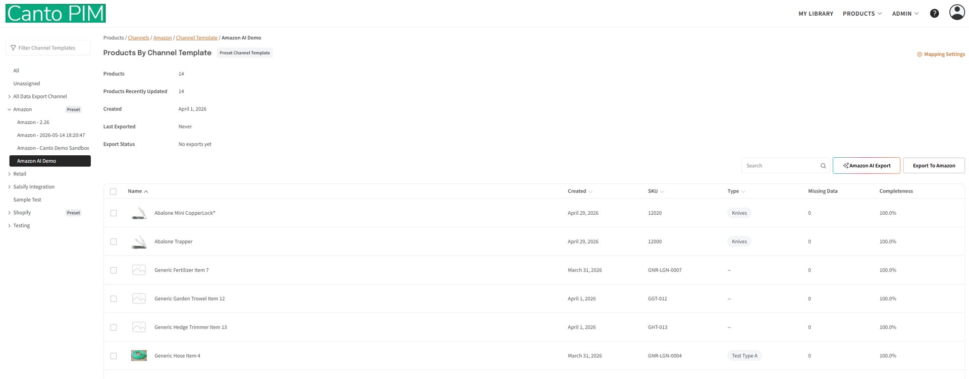 Amazon AI Export button on the channel template page
