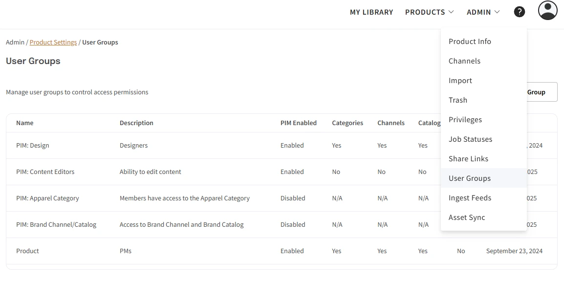 The Product Hub User Groups list - all PIM-enabled groups are visible.