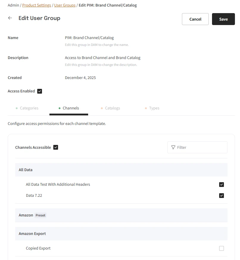 A User Group configuration page - the four entity tabs are visible.