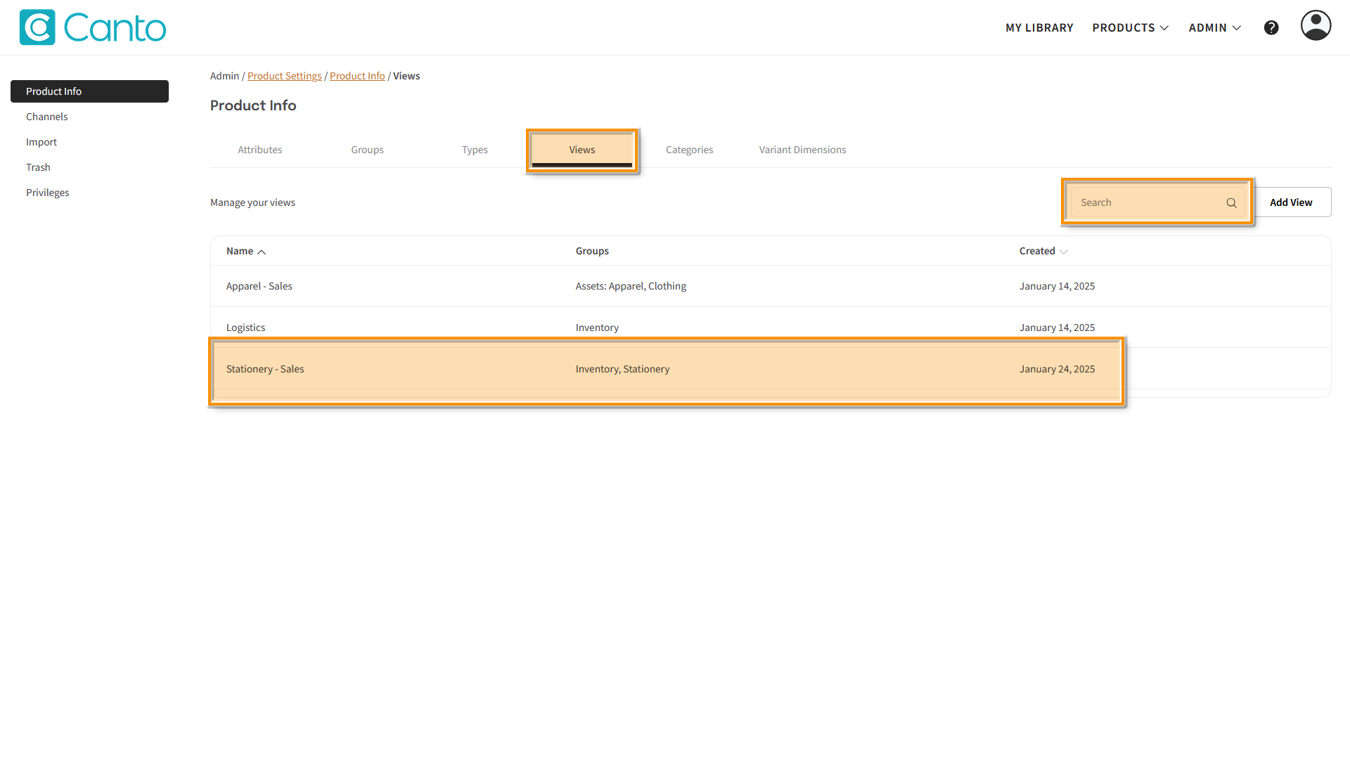 The Views list - a View is highlighted.