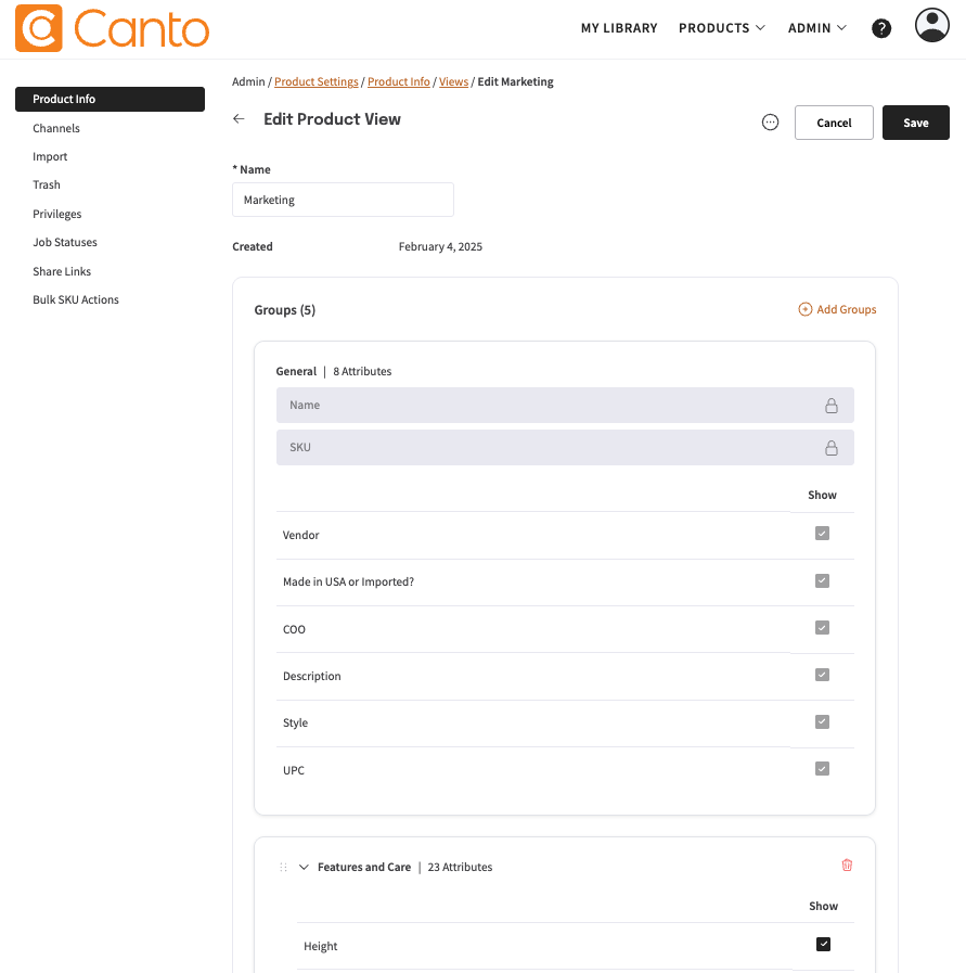 The Add View page — Groups are listed with individual Attributes expanded and show/hide toggles.
